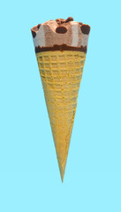 side view fresh chocolate flavor ice cream cone on a blue background