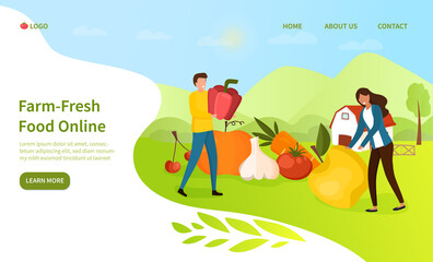 Obraz na płótnie Canvas Farm Fresh Food Online concept with a young couple selecting assorted fresh produce in a rural farming landscape with copy space for text, colored vector illustration