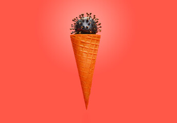 ice cream cone with coronavirus on top on red background