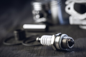 Spark plug. Chainsaw engine parts. Cylinder, piston, rings. Garden equipment service and repair