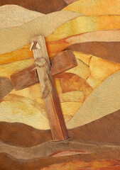 Leather collage of Christ on wood cross by photographer using oil paint technique in Photoshop. Original is 17