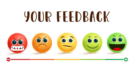 Emoji feedback rating vector banner. Your feedback text with smiley emojis in different facial expression like angry, sad, confused, smile and happy for customer evaluation rating design.  - obrazy, fototapety, plakaty