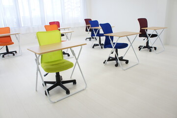 desks and chairs in the room