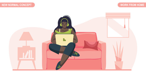New normal concept. Young woman working or study at home. Self-quarantine to prevent from coronavirus COVID -19. Freelancer lifestyle. Home schooling. Scalable and editable vector illustration.