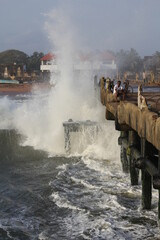 Giant waves hitting Valiathura pier, Thiruvananthapuram, Kerala.