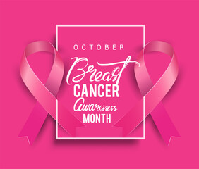 Breast Cancer Awareness Calligraphy Poster Design with Realistic pink ribbon, October is Cancer Awareness Month. Vector illustration