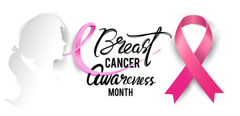 Breast Cancer Awareness Calligraphy Poster Design with Realistic pink ribbon, October is Cancer Awareness Month. Vector illustration