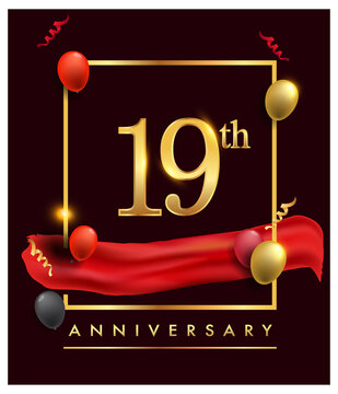 19th anniversary logo with red ribbon and confetti golden colored isolated on elegant background, vector design for greeting card and invitation card