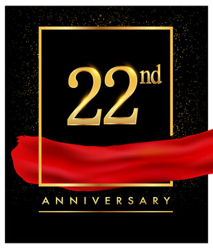 22nd anniversary logo with red ribbon and confetti golden colored isolated on elegant background, vector design for greeting card and invitation card