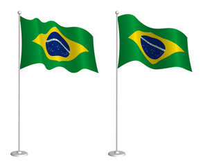 flag of Federative Republic of Brazil on flagpole waving in the wind. Holiday design element. Checkpoint for map symbols. Isolated vector on white background