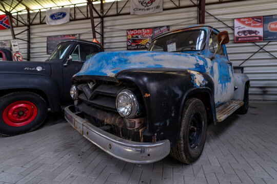 BERLIN - MAY 05, 2018: Full-size pickup truck Ford F-100 Blue Patina (second generation), 1955.