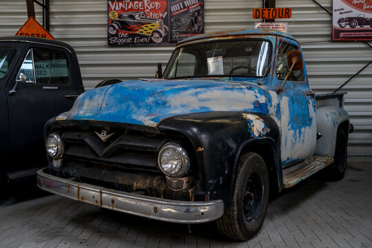 BERLIN - MAY 05, 2018: Full-size pickup truck Ford F-100 Blue Patina (second generation), 1955.