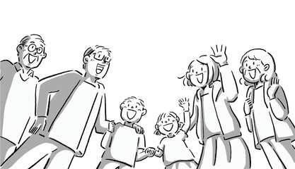 Black and white dramatic low angle illustration of a three generation family