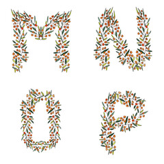 M,N,O,P. letters from the floral alphabet on a white background
