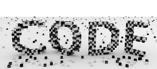 Text or word CODE composed of cubes with numbers zero and one, symbolizing a binary code. Conceptual 3d illustration. Headline, tag or hashtag or banner for the article.