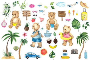 Watercolor cute Little Teddy Bears with summer elements for rest, vacation and relaxation: suitcase, palm trees, sea, car, camera, tropical fruits