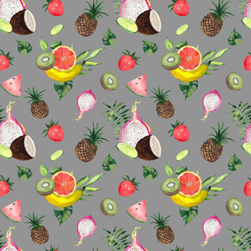 Watercolor hand-painted summer seamless pattern with tropical fruits: banana, orange, pitahaya, lime, kiwi, coconut, pineapple