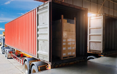 Package Boxes on Pallet Loading into Shipping Cargo Container. Trucks Parked Loading at Dock Warehouse. Supply Chain Shipment Logistics. Cargo Freight Truck Transport. - obrazy, fototapety, plakaty