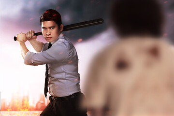 Asian man standing with a baseball bat on his hand ready to attack zombies