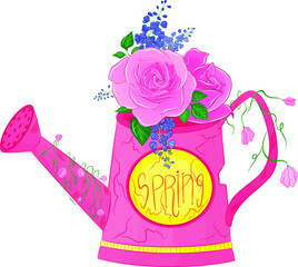 watering can with pink roses and blue flowers