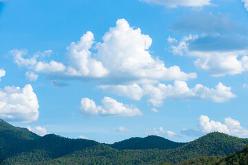 Evergreen mountain range with cloudy summer blue sky nature background 