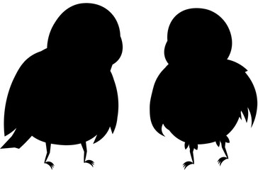 Black silhouettes of two birds. Dark shadows. Round, thick and fluffy pigeons, sparrows and tits. Children's design for print, poster, clothes.