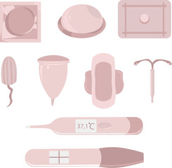 Set of objects for women's health. Reproduction and contraception. Pregnancy and menstruation. Pregnancy test, pill and rectal thermometer. Condom, vaginal ring and uterine spiral. 