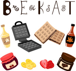 Breakfast. Waffles with syrup and fruits. Jam and Chocolate Mast. Dessert. Lettering.