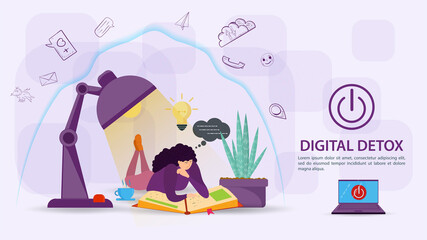 Digital detoxification banner concept for web and mobile sites Girl under a lamp reading a book under the protection of aura shield from a large amount of unnecessary information flat vector 