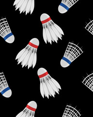 Shuttlecocks on a black background. Badminton. Seamless pattern. Sport and game. Summer fun.