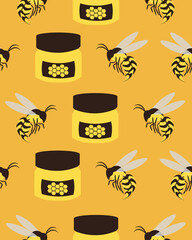 Bees and honey. Yellow seamless pattern. Design for postcards, prints, clothes.