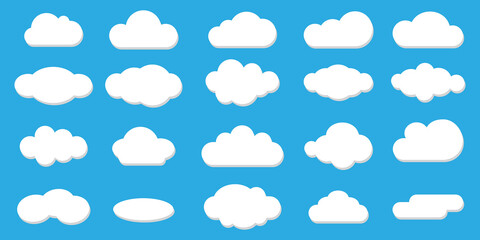 Vector photo of a blue sky with white clouds. Graphic layout of a cute cumulus overcast. Delicate blue pattern with clouds. Flat cartoon cover template. Stock template.