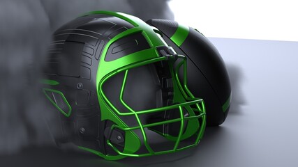 Fototapeta premium American football Green-Black helmet and Green-Black Ball with dark black toned foggy smoke under black-white laser lighting. 3D illustration. 3D high quality rendering.