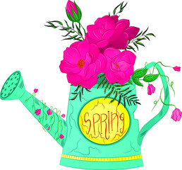 turquoise watering can with a bouquet of crimson flowers