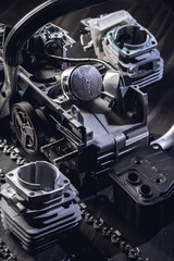 Chainsaw engine parts. Cylinder, piston, rings, pin, spark plug. Garden equipment service and repair