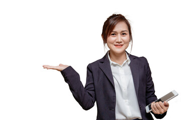 Asian Adult Business woman professional look standing show presentation for offer or sale new products happy smiling isolated on white background with clipping path.