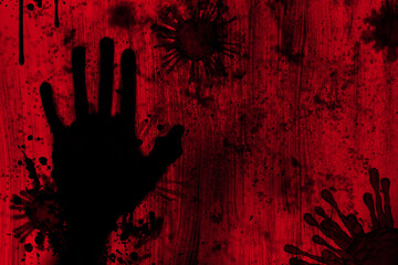 Blood and gore stain splash with hand shadow and dust noise effect look scary and horrible represent danger of virus outbreak kill people death concept. - obrazy, fototapety, plakaty