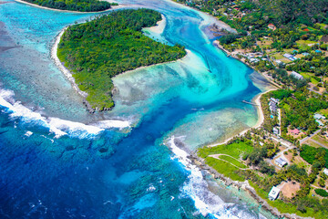 Rarotonga breathtaking stunning views from a plane of beautiful beaches, white sand, clear turquoise water, blue lagoons, Cook islands, Pacific islands