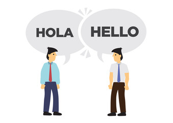Two businessmen communicate in different languages. Concept of international business or corporate collaboration. English and Spanish.