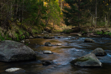 Naklejka na ściany i meble small river in forest with stones at sunset