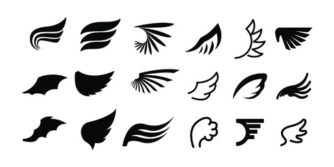 Set Black Line Flat Collection Wings Vector Icon Feather Design Style Decoration