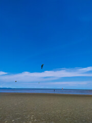 
Far beach, bright sky, parasailing tourists