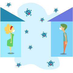 illustration vector graphic of a lot of the corona virus outside  and people stay at home 