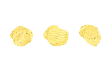 yellow potato chips isolated on white background