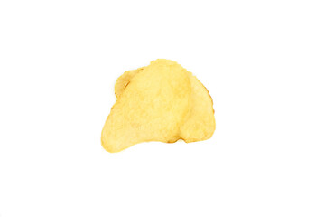 Pile of yellow potato chips isolated on white background