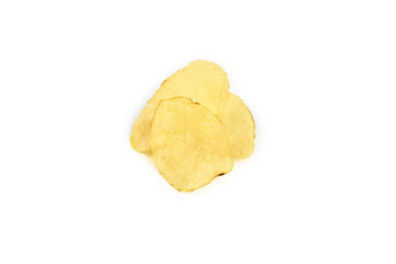 Pile of yellow potato chips isolated on white background