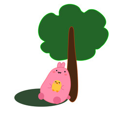 Bunny and chick sit under the tree