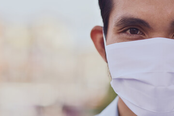 Close up Asian man face mask protect corona virus,Pm2.5 for new normal life social distancing...