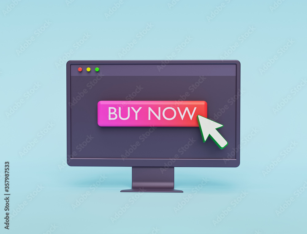 Poster buy now button with mouse click symbol on computer monitor. online shopping concept. 3d rendering