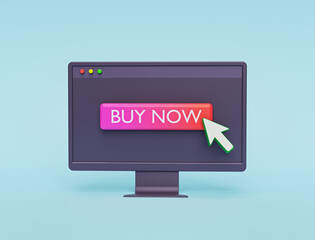 buy now button with mouse click symbol on computer monitor. online shopping concept. 3d rendering
